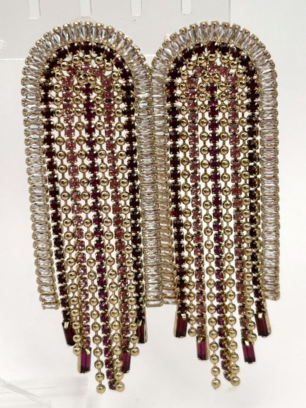Statement Rhinestone Fringe Chandelier Earrings Red Pink Gold Tone Long Dangle
